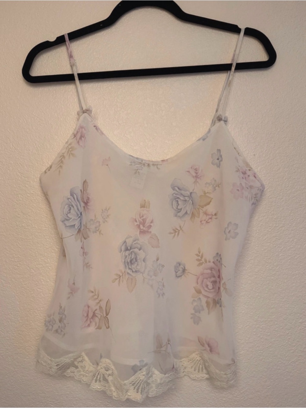 Morgan Taylor White Floral Lace-Trim Camisole with Pastel Pink & Blue Flowers